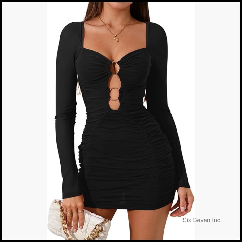 Mesh Long Sleeve Bodycon Mini Dress Hollow Out Backless Club Dress